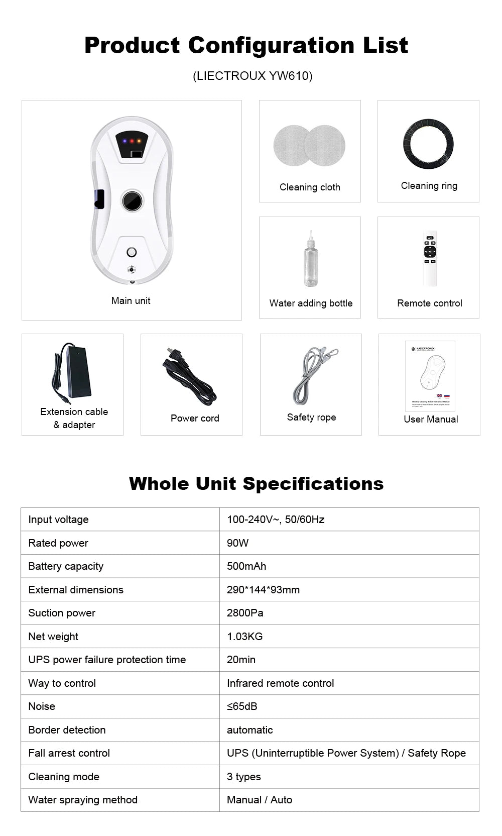 LIECTROUX YW610 Fönsterputsrobot – Ultratunn med Vattenspray & AI-ruttplanering