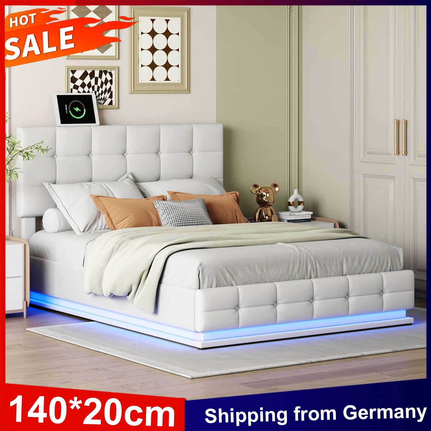 Anajqaqia Dubbelsöng 140×200 cm – LED, Förvaring & Hydraulik