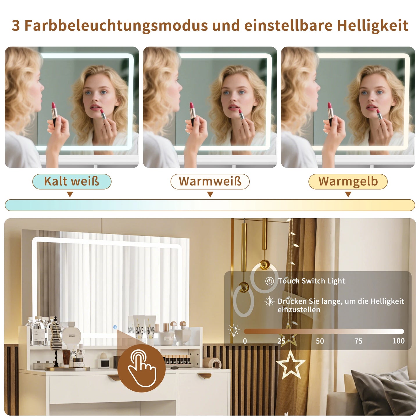 Sminkbord i L‑form med LED-spegel och stoppad pall – Modernt sminkbord med lådor och hyllor