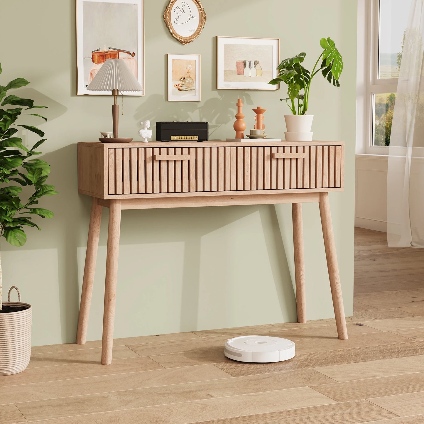 Anajqaqia Konsolbord med 2 Lådor – 100×35×80 cm – Naturlig Träfärg – Minimalistisk Design