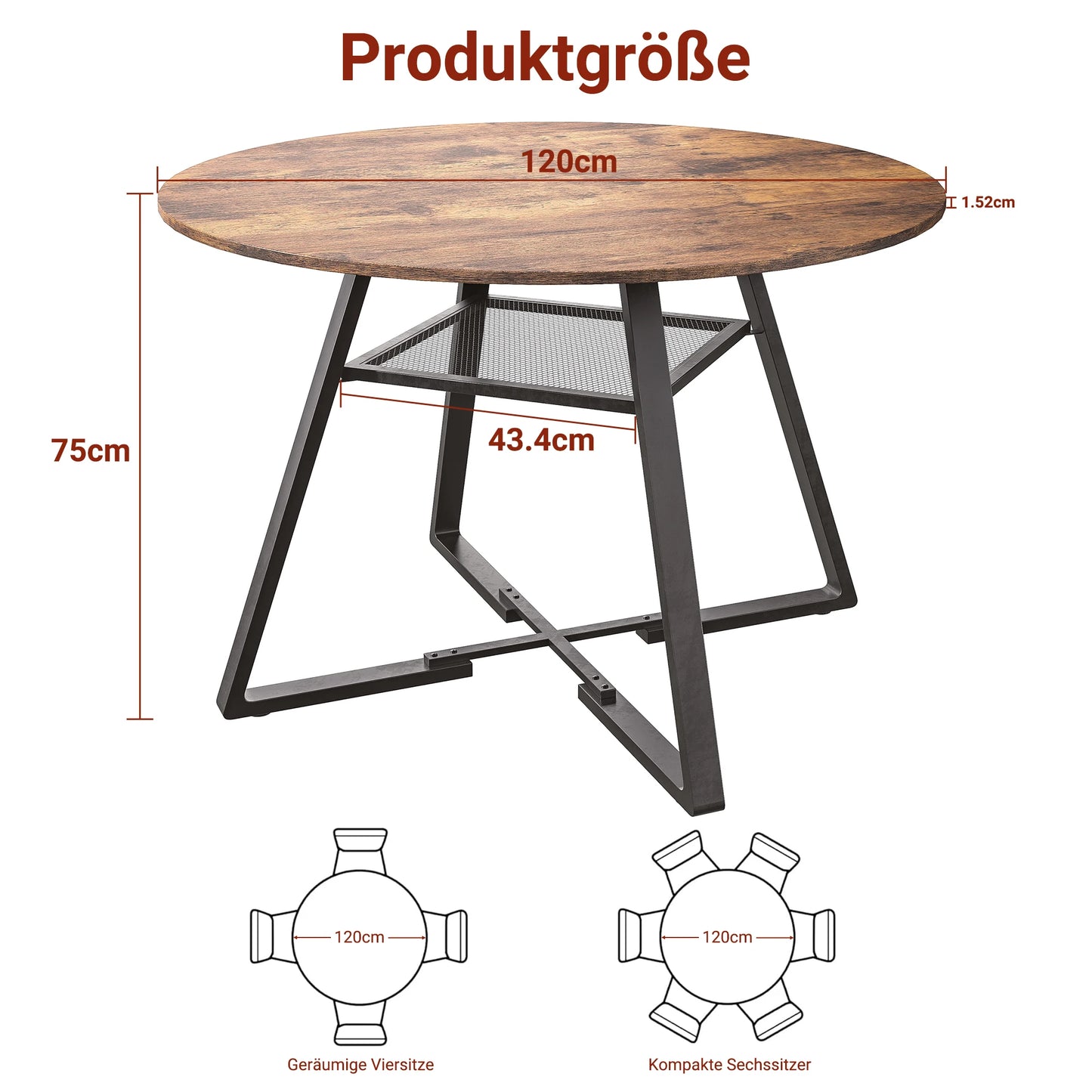 Rosahqnda Rund Matbord med Hylla och Metallben – Industriell Design för Kök, Vardagsrum och Matsal (120 cm, 4–6 personer