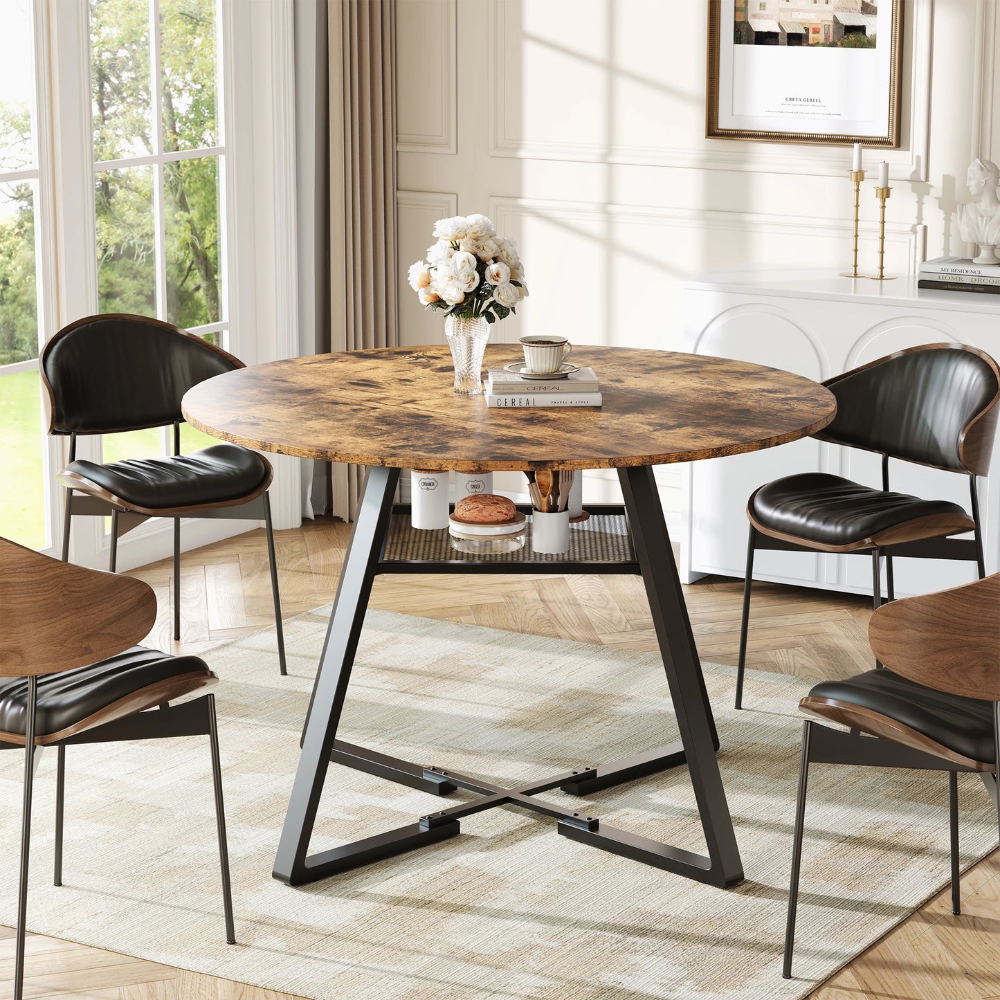 Rosahqnda Rund Matbord med Hylla och Metallben – Industriell Design för Kök, Vardagsrum och Matsal (120 cm, 4–6 personer