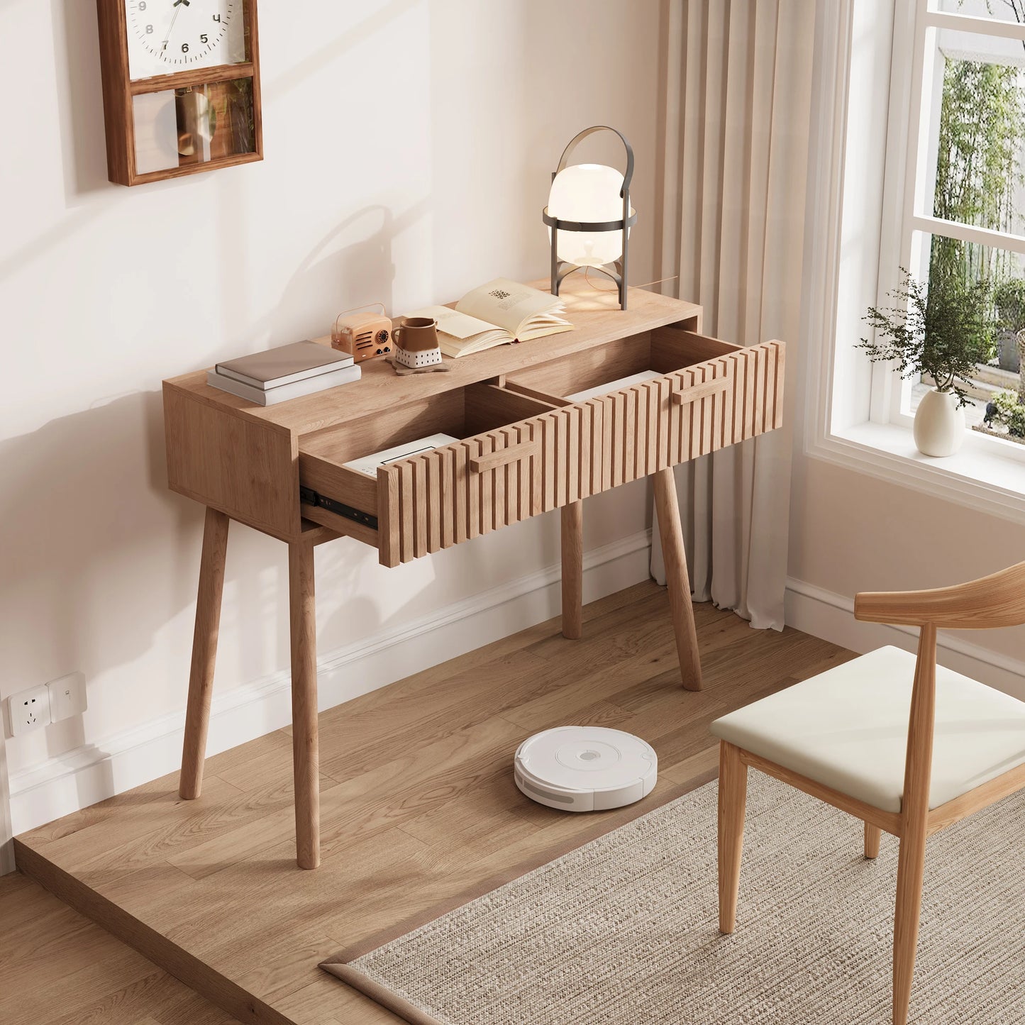 Anajqaqia Konsolbord med 2 Lådor – 100×35×80 cm – Naturlig Träfärg – Minimalistisk Design