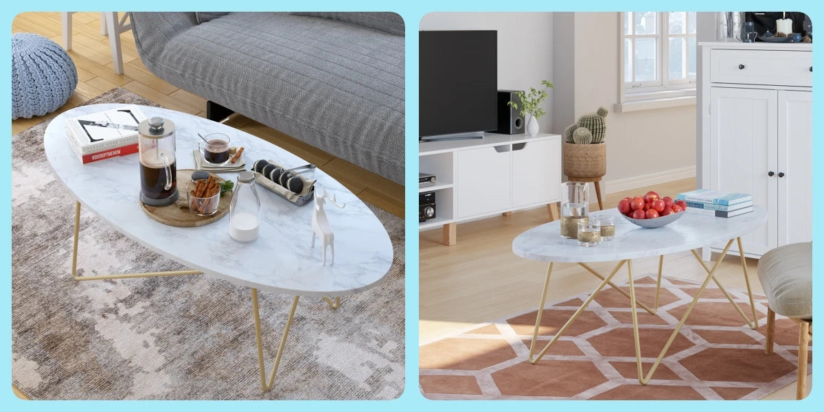 Getone Marmorbord – Oval Soffbord med Guldben – 120×60×41 cm – Vit & Marmorlook