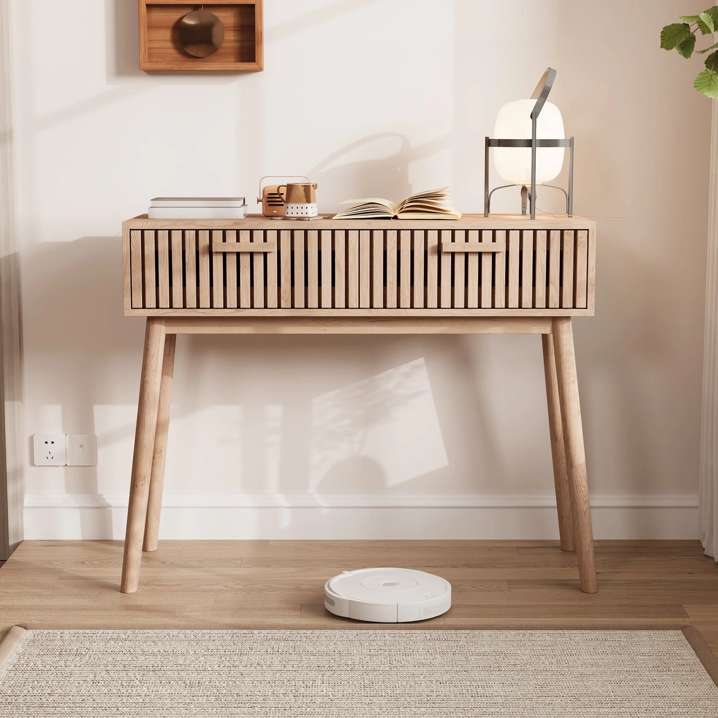 Anajqaqia Konsolbord med 2 Lådor – 100×35×80 cm – Naturlig Träfärg – Minimalistisk Design