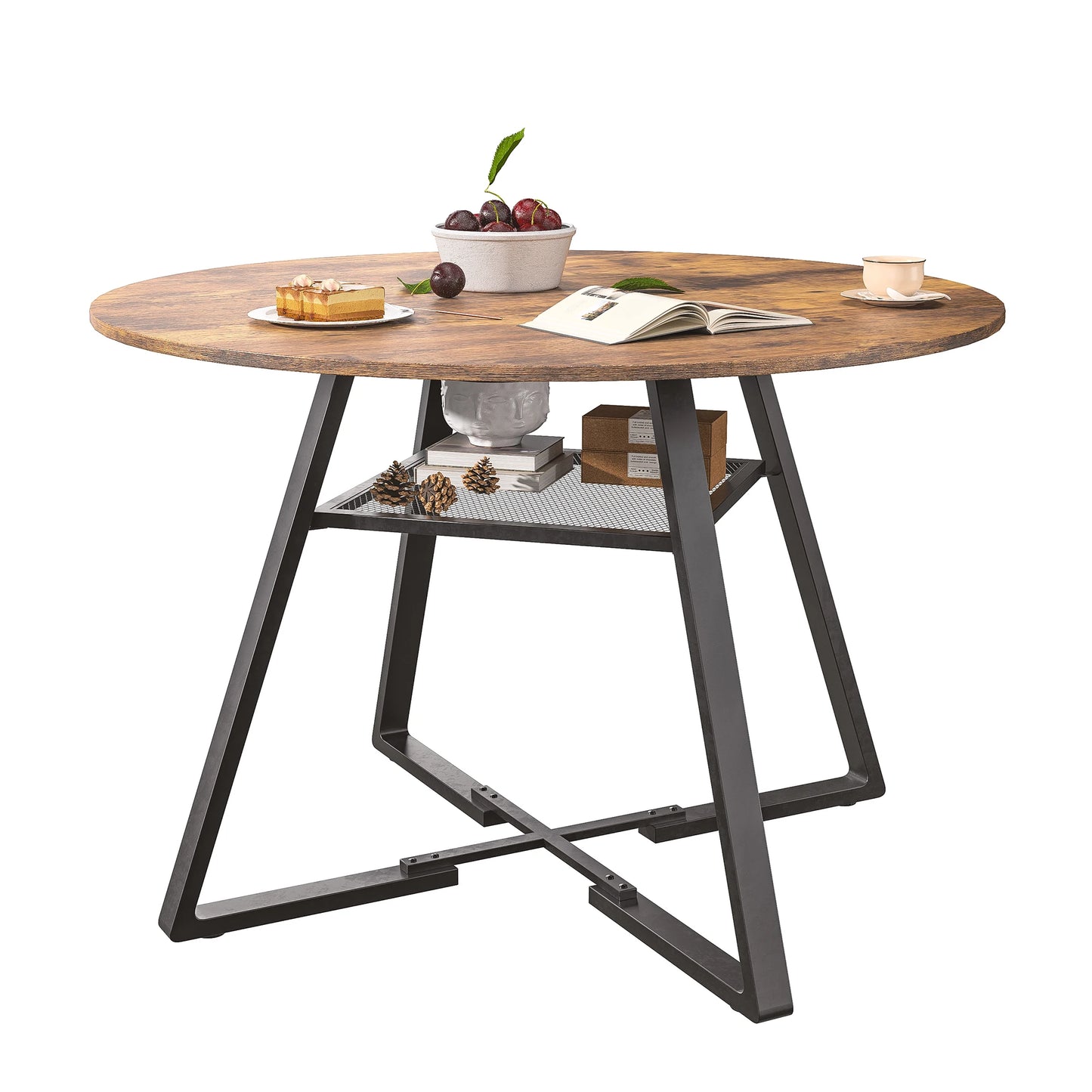 Rosahqnda Rund Matbord med Hylla och Metallben – Industriell Design för Kök, Vardagsrum och Matsal (120 cm, 4–6 personer