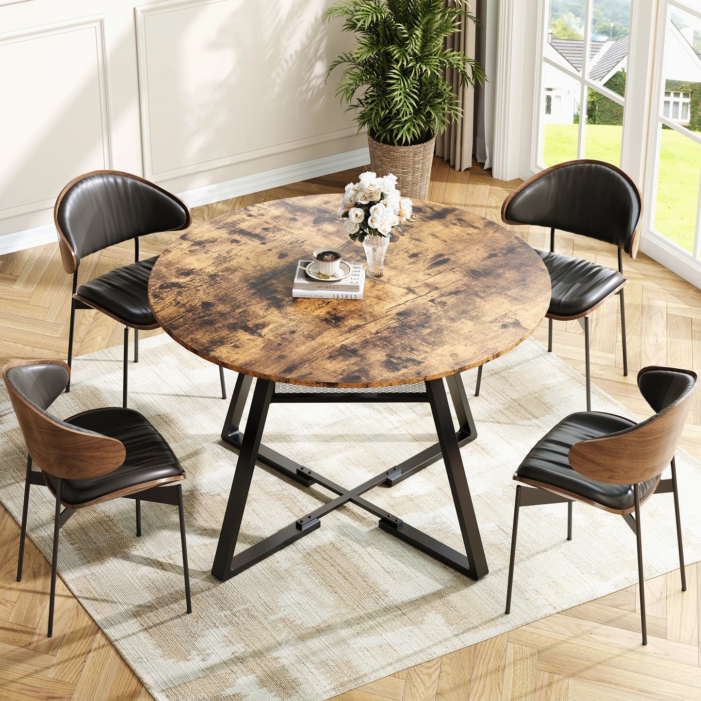 Rosahqnda Rund Matbord med Hylla och Metallben – Industriell Design för Kök, Vardagsrum och Matsal (120 cm, 4–6 personer