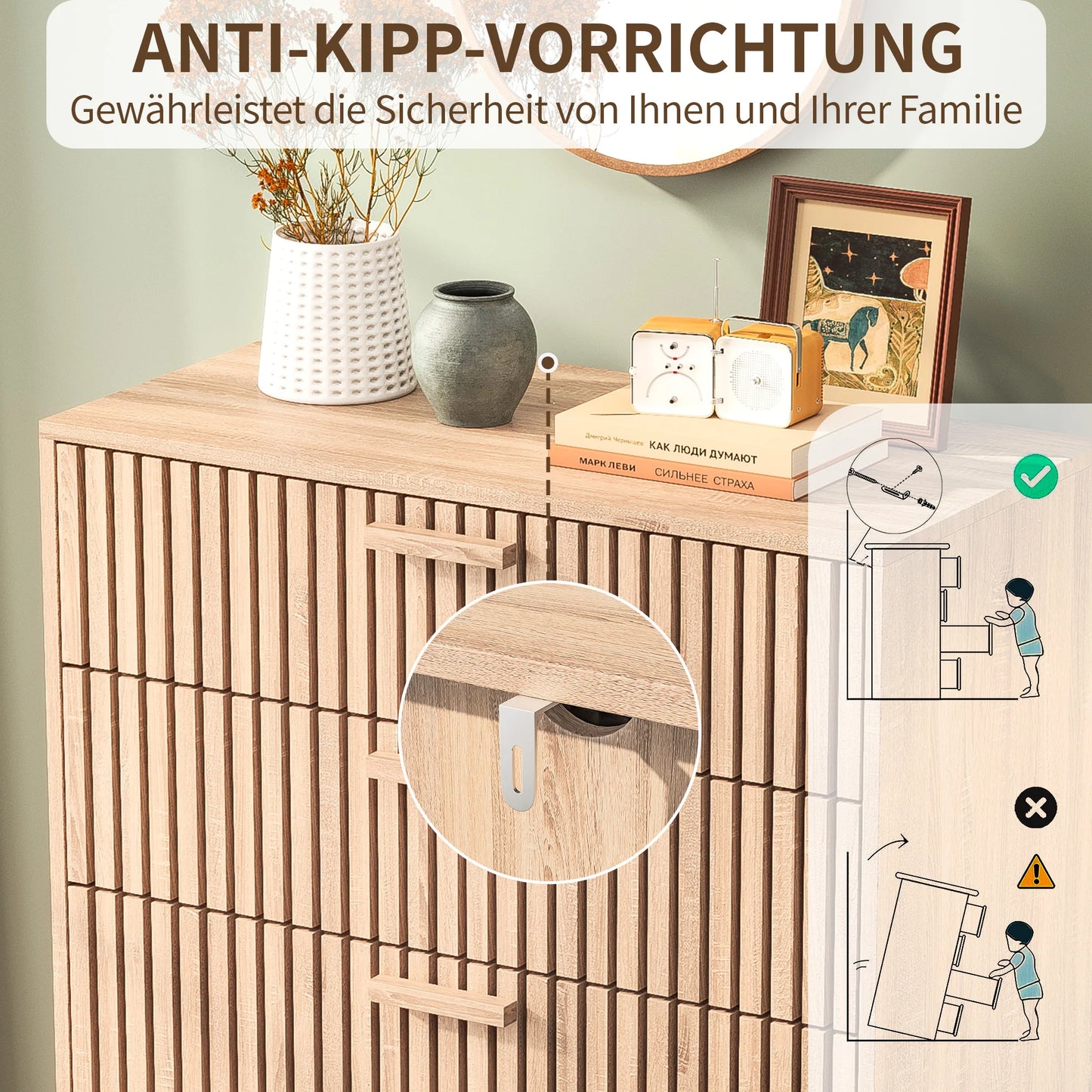 Rosahqnda Byrå med 6 Lådor – Rattanfront & Höga Ben – Vit eller Träfärg – Sovrumsförvaring