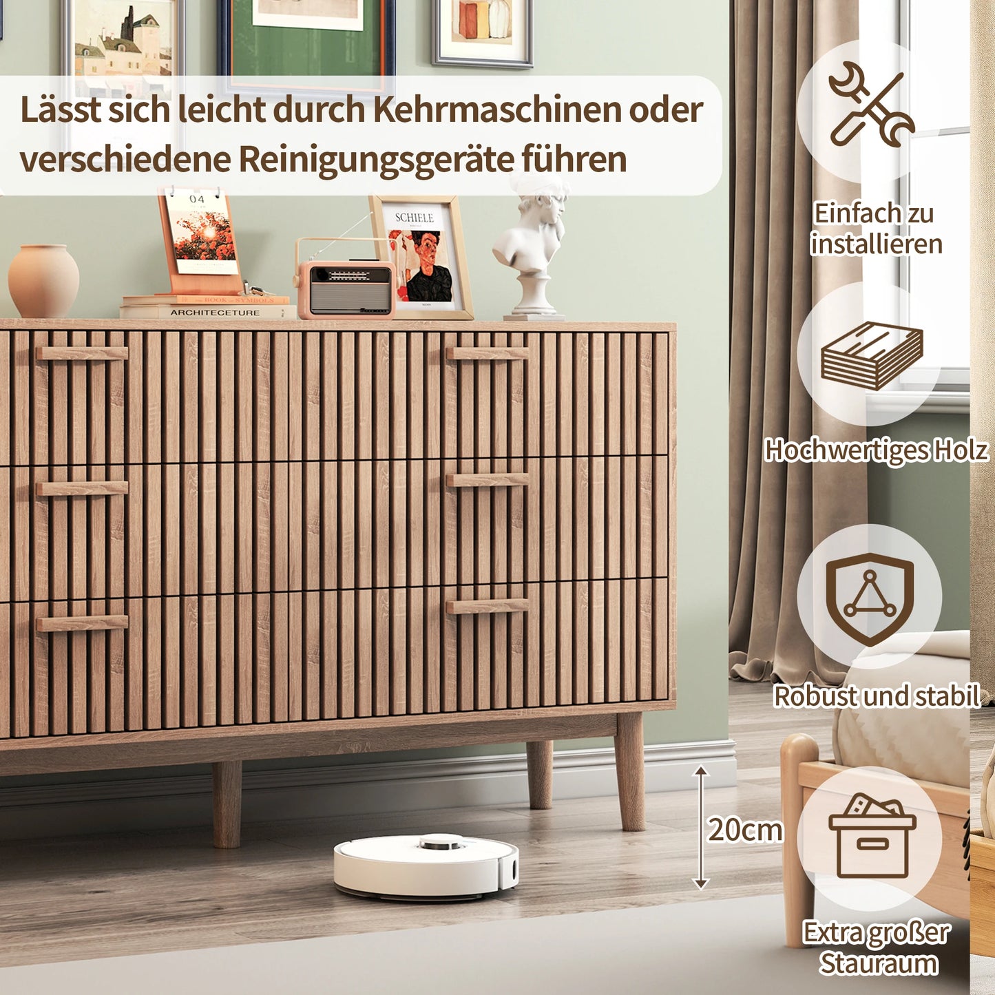 Rosahqnda Byrå med 6 Lådor – Rattanfront & Höga Ben – Vit eller Träfärg – Sovrumsförvaring