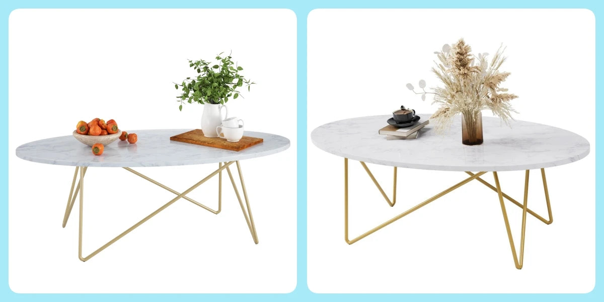 Getone Marmorbord – Oval Soffbord med Guldben – 120×60×41 cm – Vit & Marmorlook
