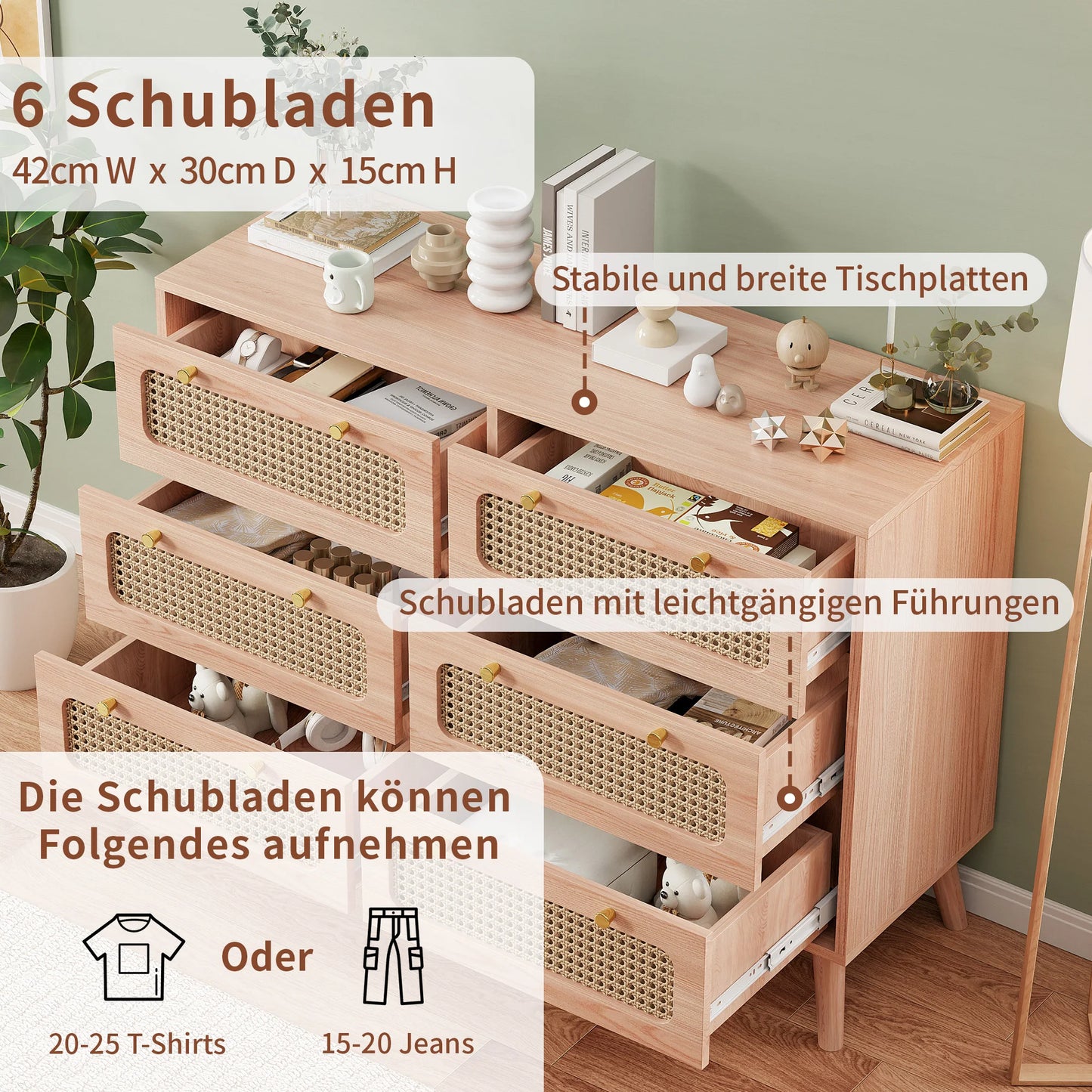 Rosahqnda Byrå med 6 Lådor – Rattanfront & Höga Ben – Vit eller Träfärg – Sovrumsförvaring