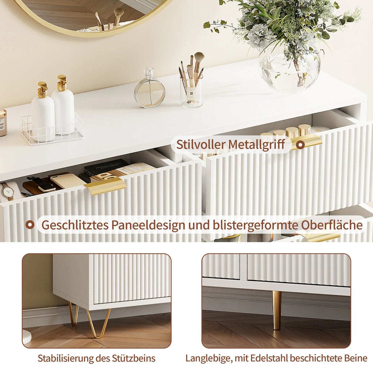 Rosahqnda Byrå med 6 Lådor – Rattanfront & Höga Ben – Vit eller Träfärg – Sovrumsförvaring