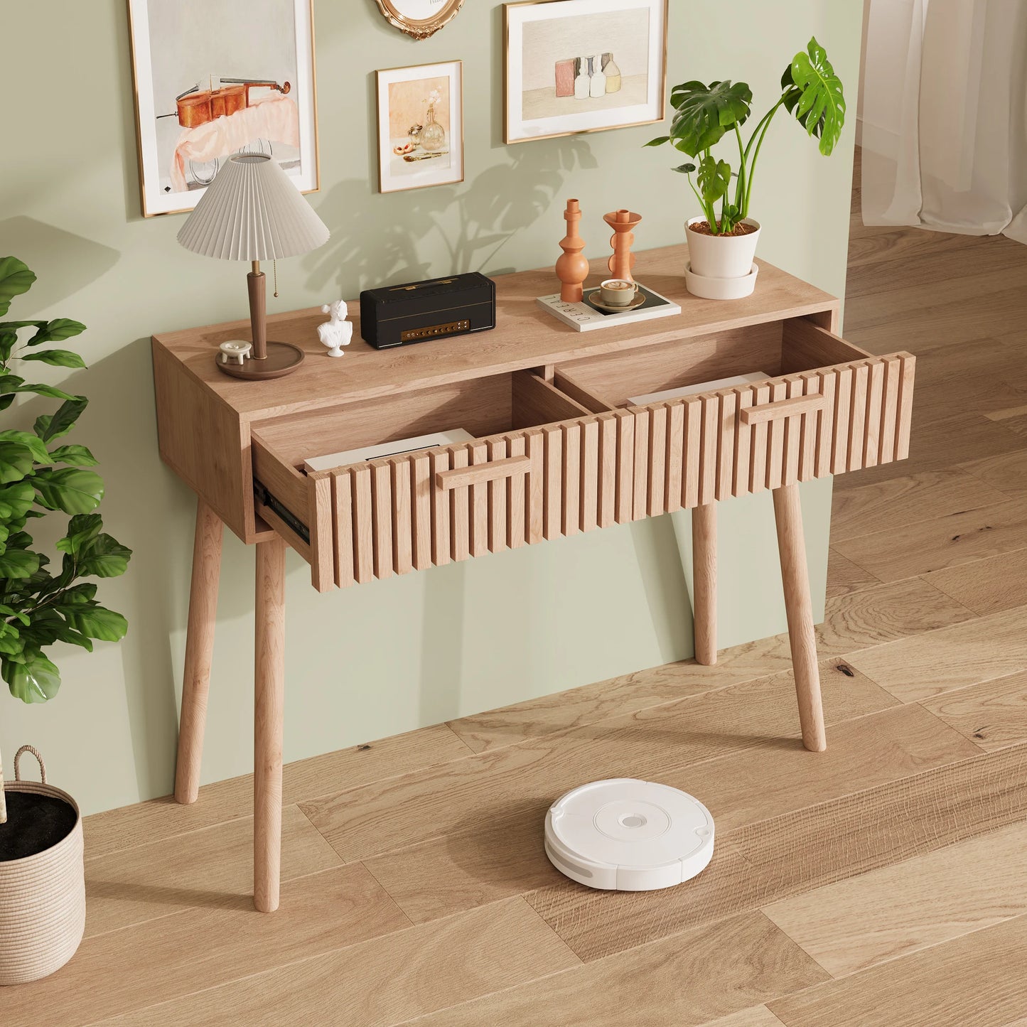 Anajqaqia Konsolbord med 2 Lådor – 100×35×80 cm – Naturlig Träfärg – Minimalistisk Design