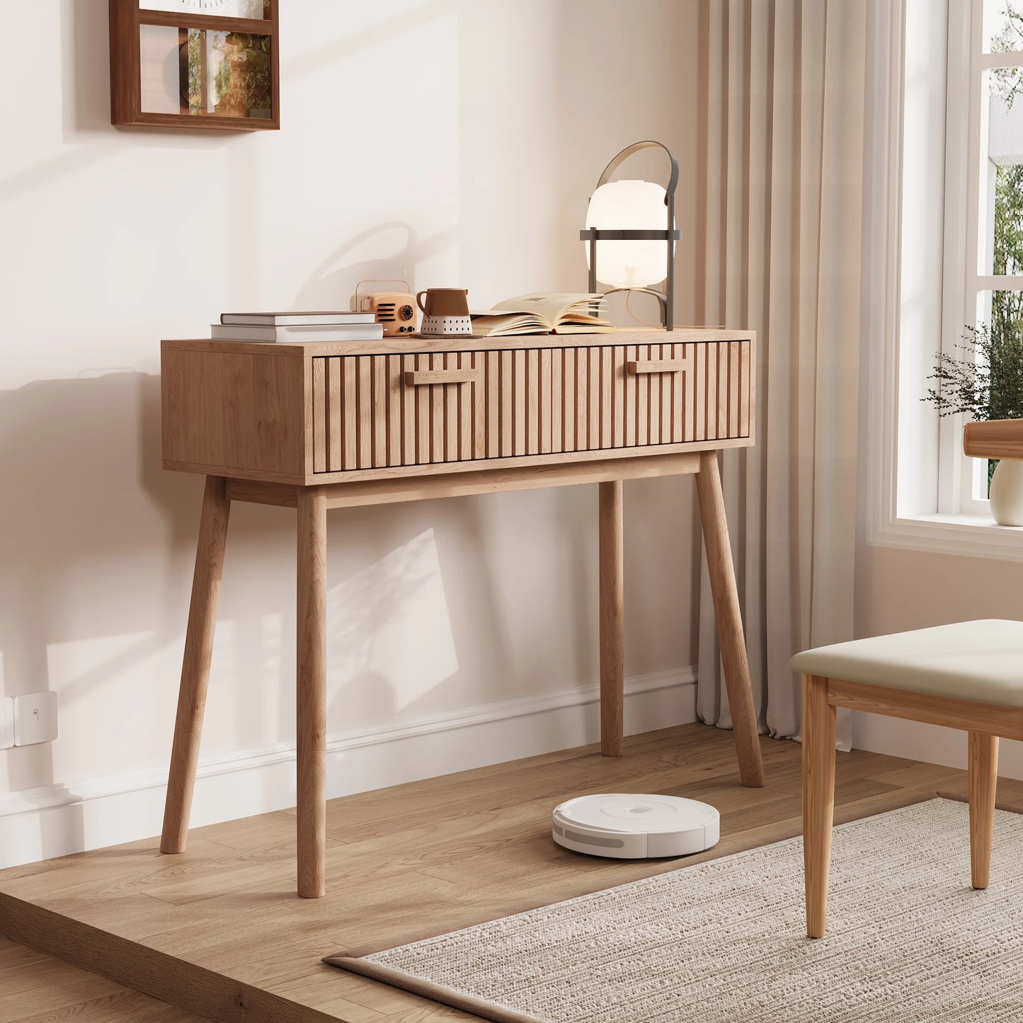 Anajqaqia Konsolbord med 2 Lådor – 100×35×80 cm – Naturlig Träfärg – Minimalistisk Design