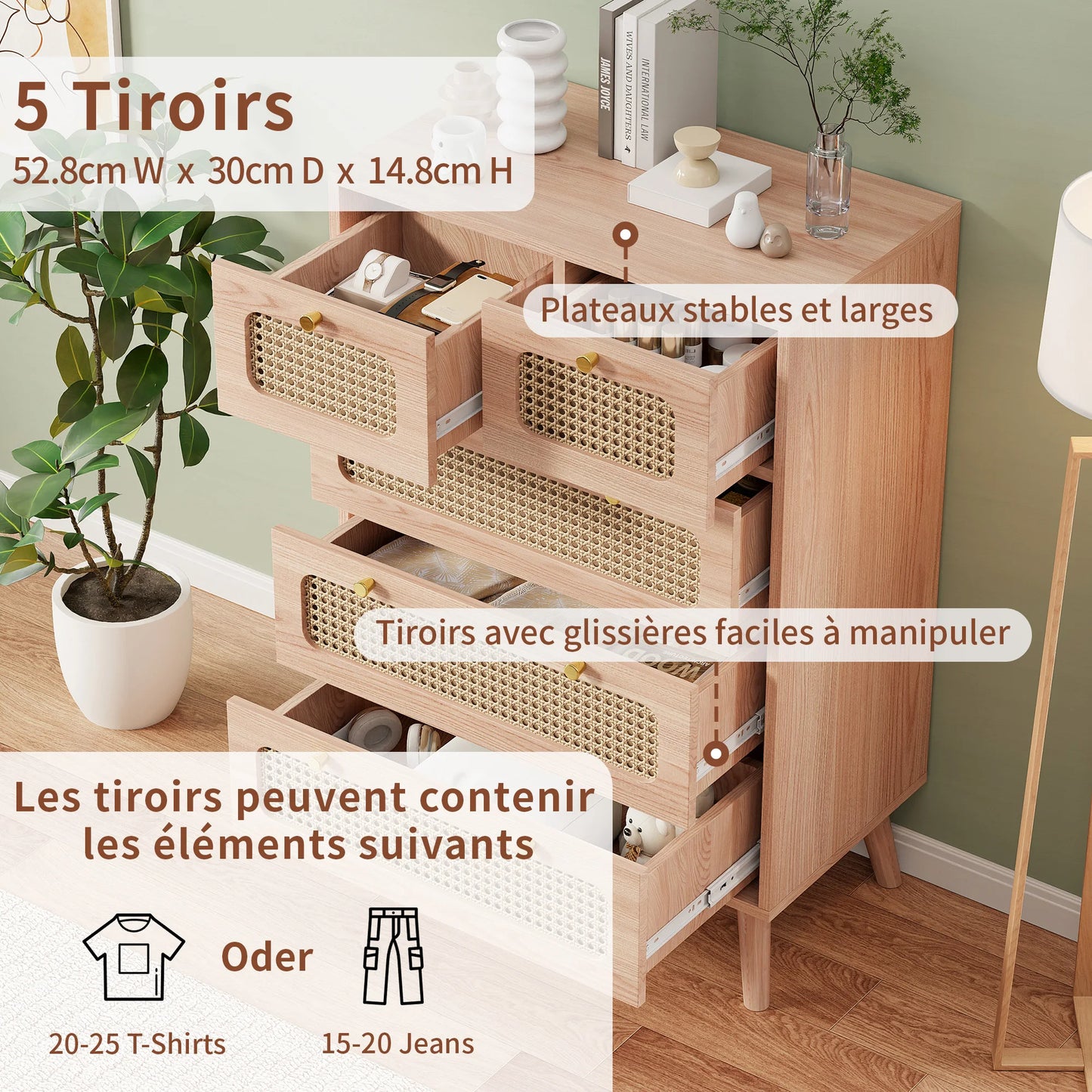 Rosahqnda Byrå med 6 Lådor – Rattanfront & Höga Ben – Vit eller Träfärg – Sovrumsförvaring