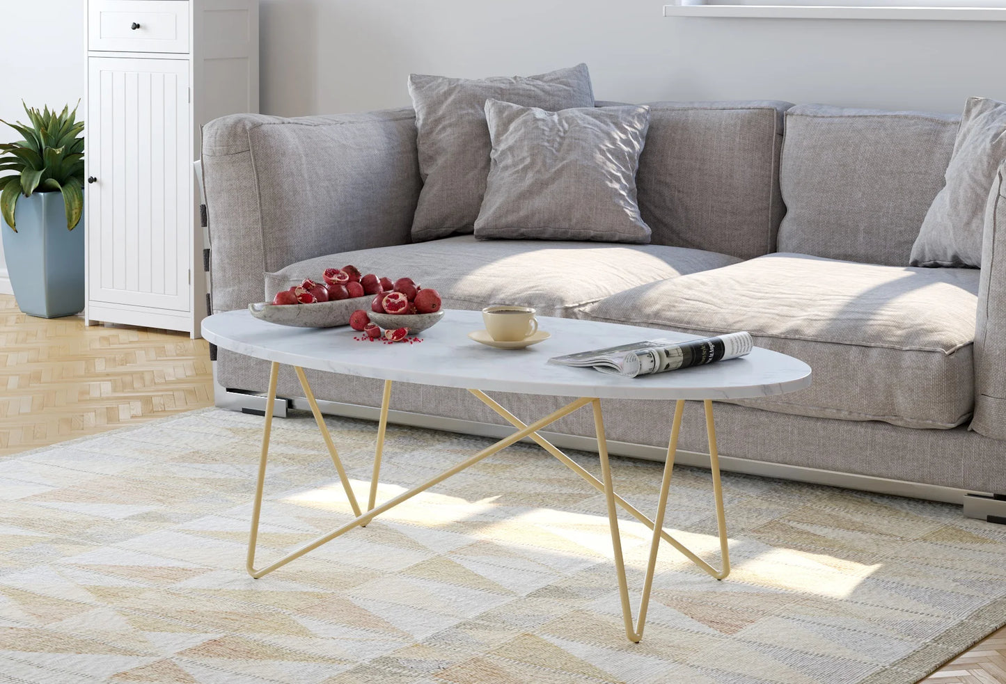 Getone Marmorbord – Oval Soffbord med Guldben – 120×60×41 cm – Vit & Marmorlook