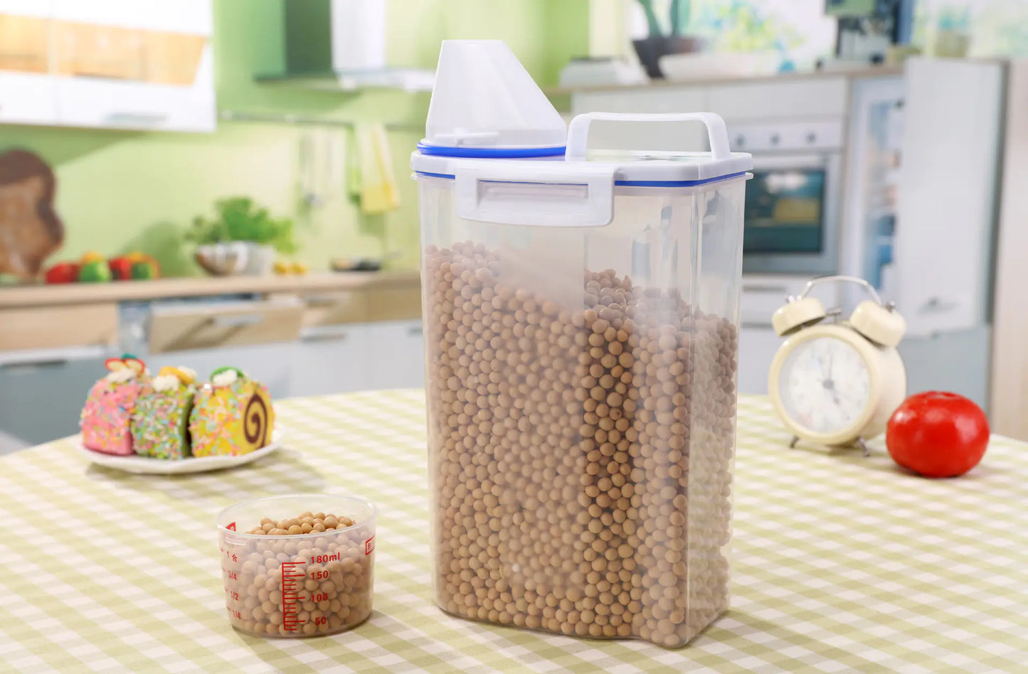 2KG Spannmålsbehållare med Måttkopp – Smart Förvaring för Ditt Kök