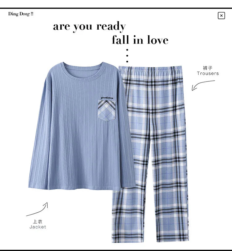 Herrpyjamas i 100% Bomull – 2-delad Set – Patchwork Design – Långärmad & Byxor – Vår/Höst/Vinter