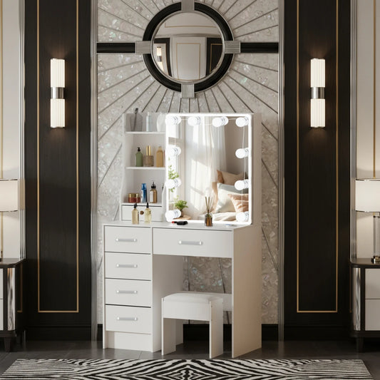 Sminkbord med LED-spegel & Vit Pall – Modern Stil för Sovrummet | 11.11 Kampanj