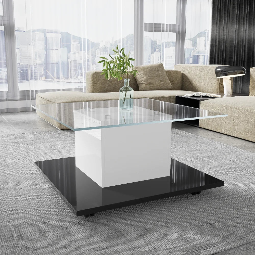 Modern Mobil Kaffebord med LED – Högblank Glasdesign – Svart & Vit – För Vardagsrum