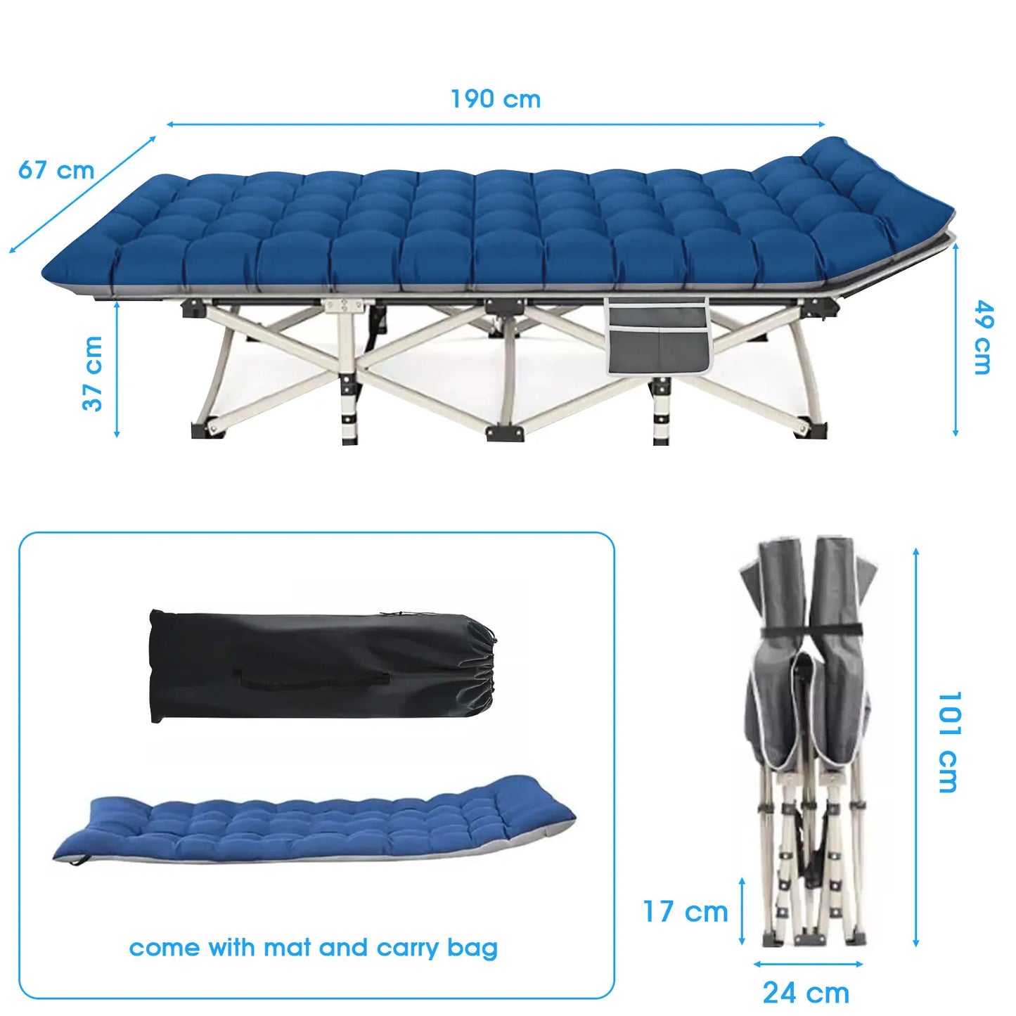Modern Hopfällbar Campingsäng med Förvaring – 190x71x37 cm