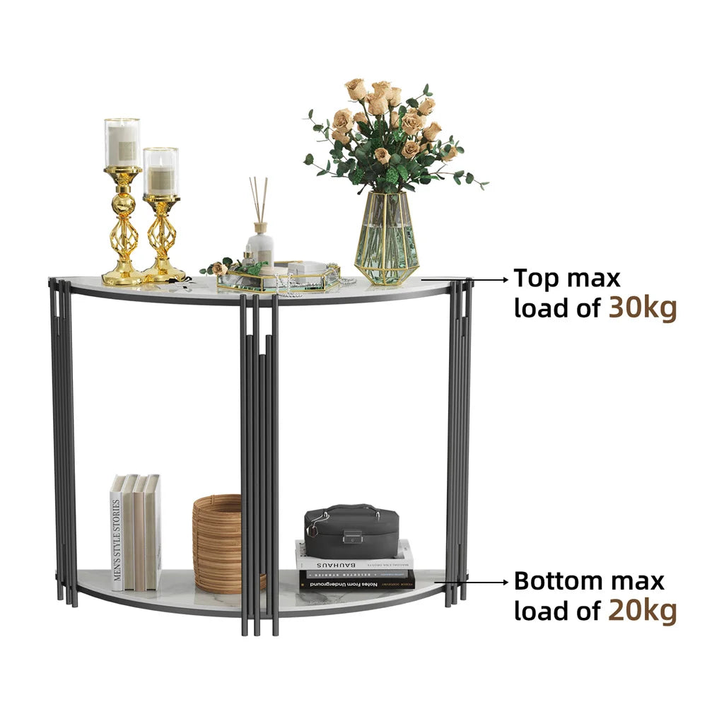 LUVODI Halvmåne Konsolbord – Sintersten & Metall – 100×78 cm – Vit & Svart