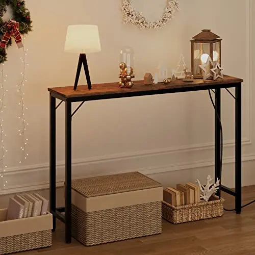 đ Smalt Konsolbord med Eluttag & USB â 100Ă23Ă80 cm â Vintage Brun/GrĂ„ â För Hall & Vardagsrum