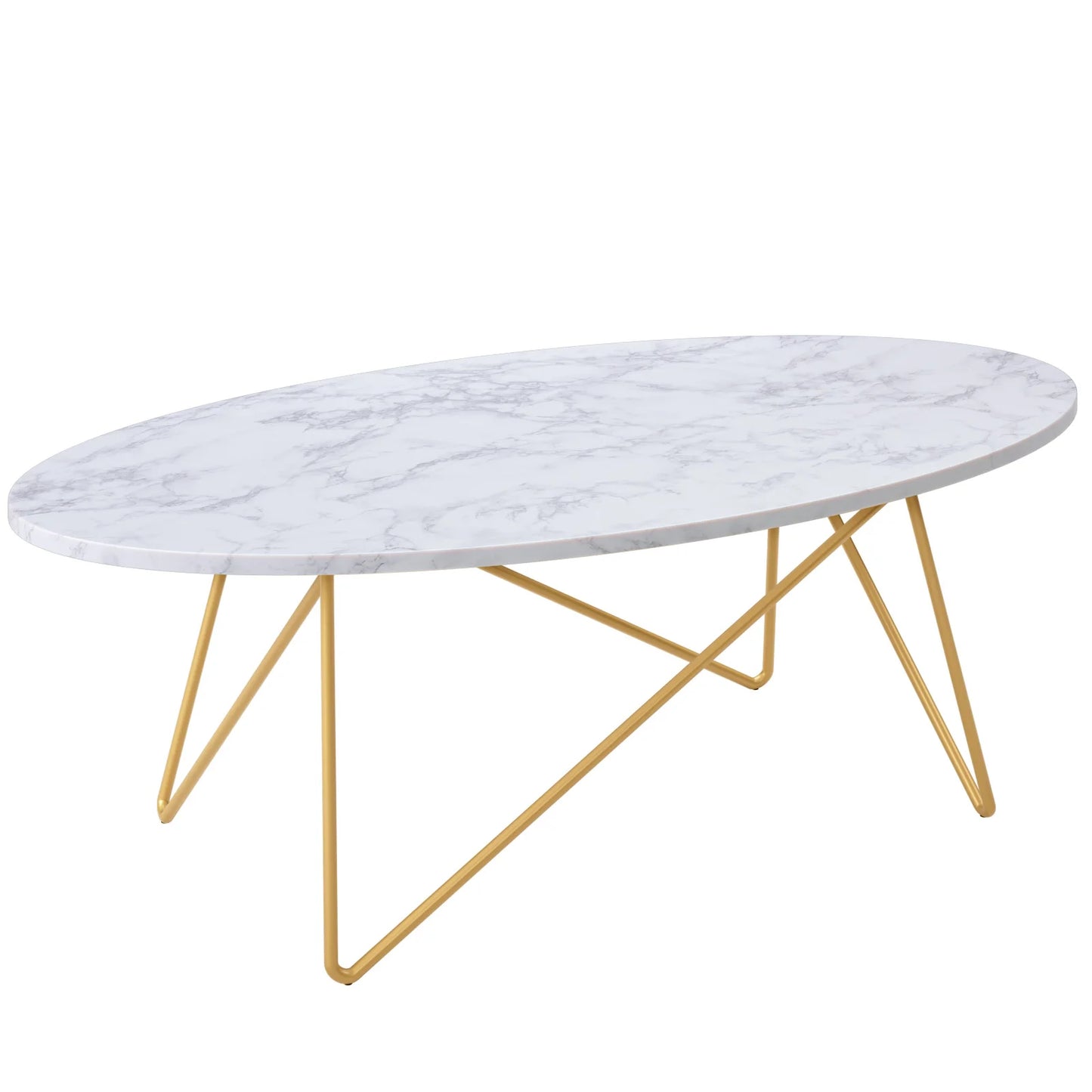 Getone Marmorbord – Oval Soffbord med Guldben – 120×60×41 cm – Vit & Marmorlook