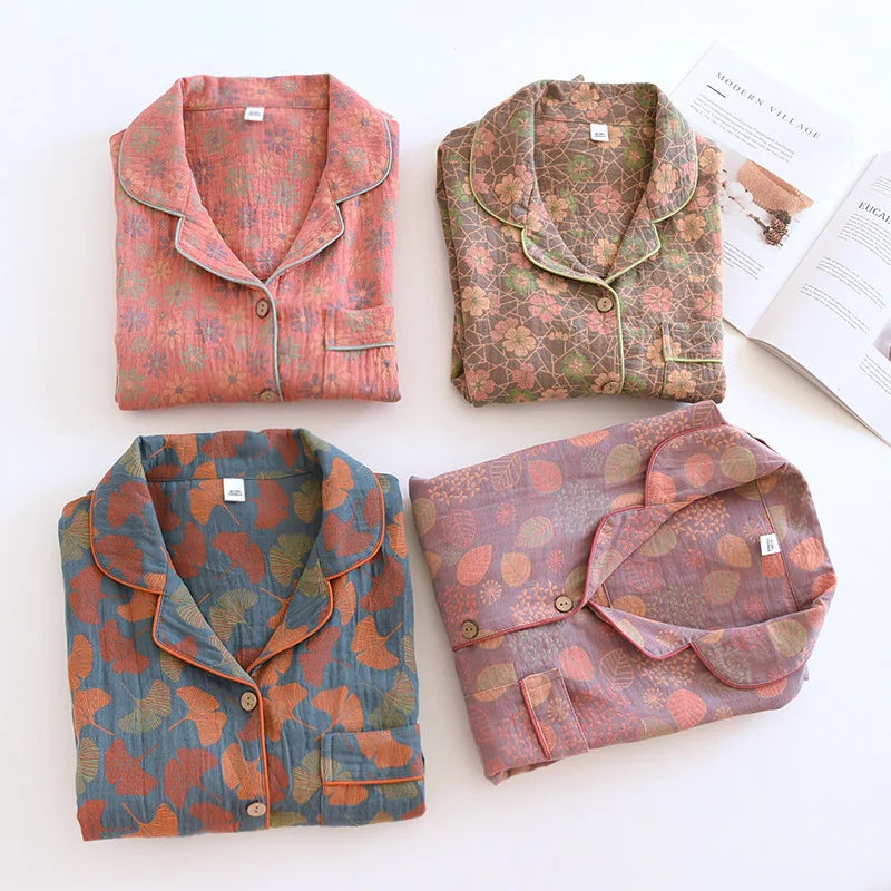 🌸 Elegant Pyjamas för Kvinnor – 100% Bomullskrepp – Blommigt Tryck – Vår & Sommar – 2-delad Set