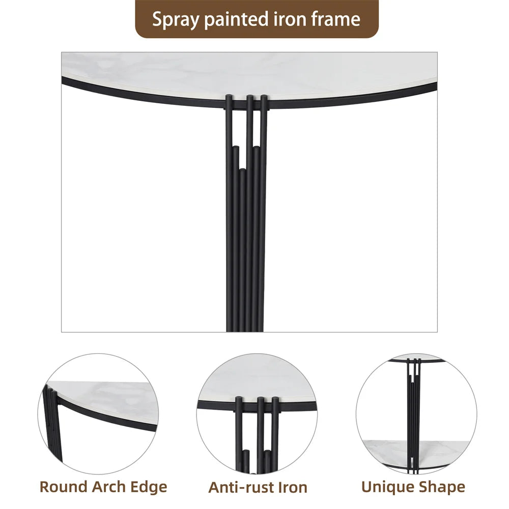 LUVODI Halvmåne Konsolbord – Sintersten & Metall – 100×78 cm – Vit & Svart