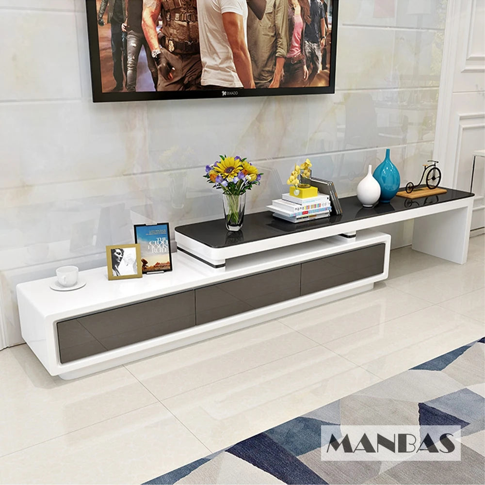 MANBAS TV-bänk & Smart Soffbord – Glansig Vit/Svart Design för Vardagsrummet