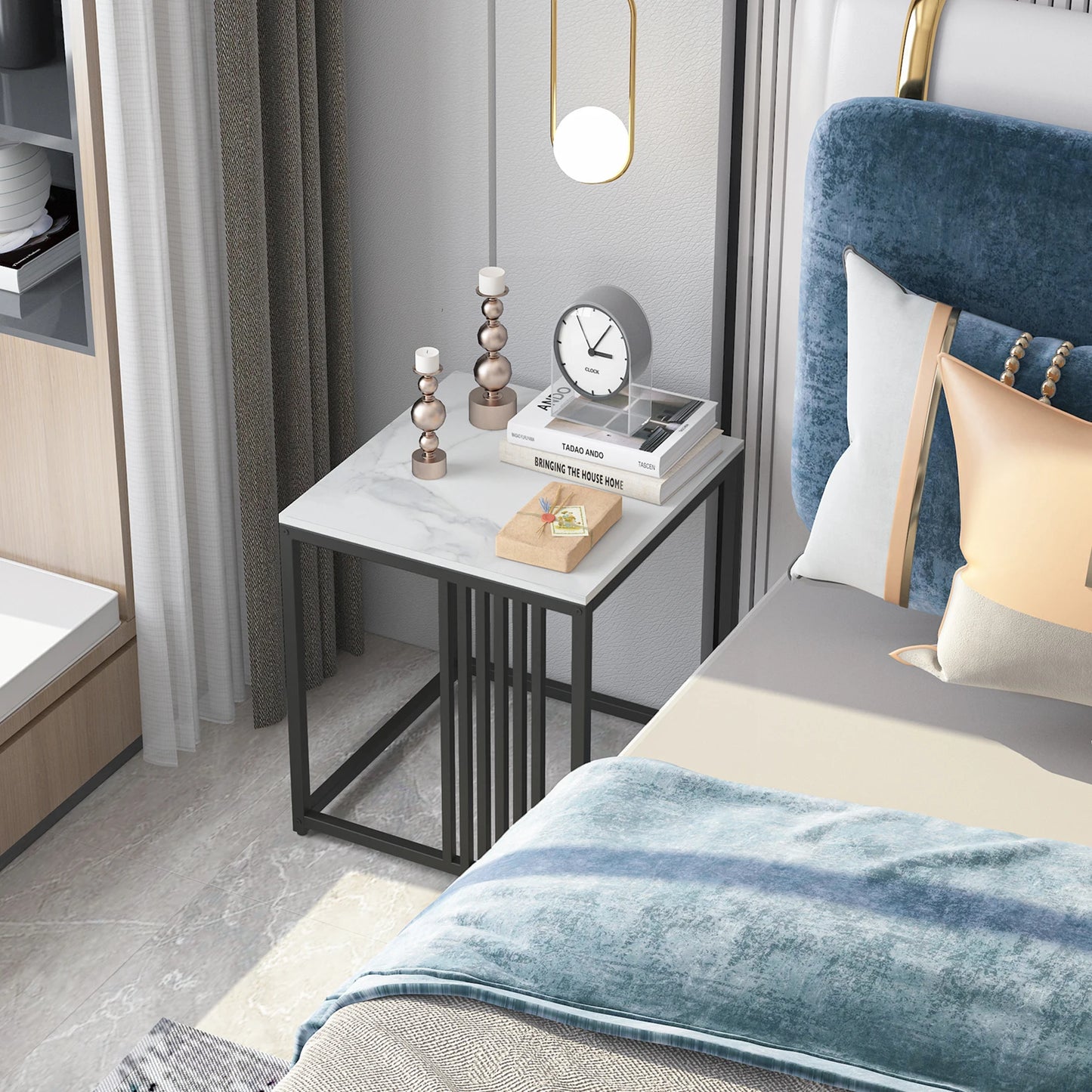 đȘ BINGOPAW Sidobord i Marmorlook â 40Ă40Ă45 cm â Vit & Svart â Modern Minimalistisk Design