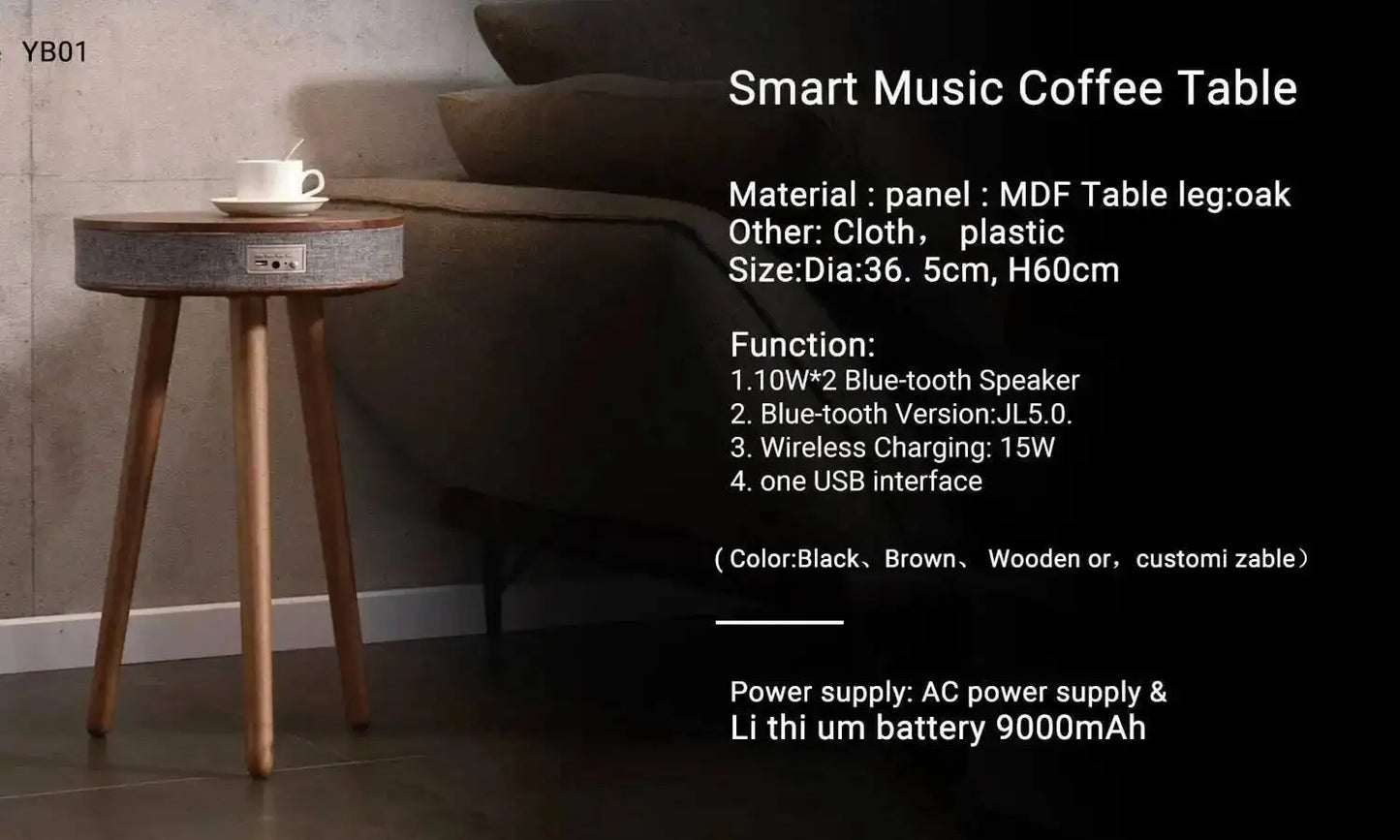 Smart Kaffebord med Bluetooth-högtalare & Trådlös Laddning – Nordisk Design