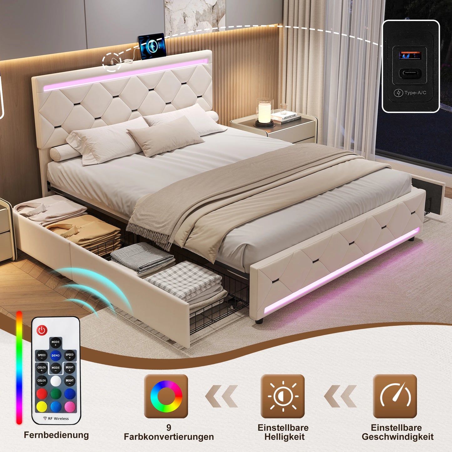Anajqaqia Dubbelsöng 140×190 cm – Med LED, Förvaring & USB