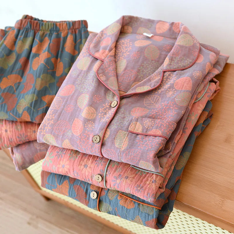 🌸 Elegant Pyjamas för Kvinnor – 100% Bomullskrepp – Blommigt Tryck – Vår & Sommar – 2-delad Set