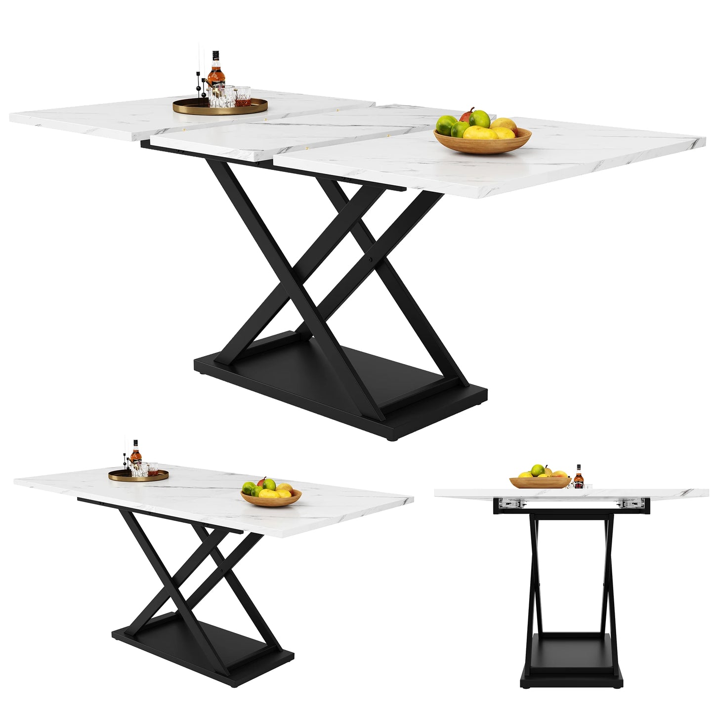 Förlängningsbart Matbord – Vit Marmorskiva & Svarta Järnben i Modern Design