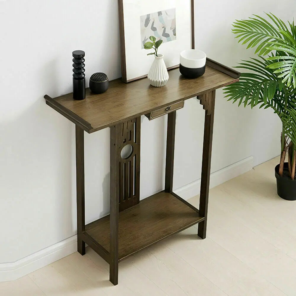 Klassisk Kinesisk Konsolbord – Bambumaterial – Med Låda & Hylla – 81.5×31.2×82.8 cm