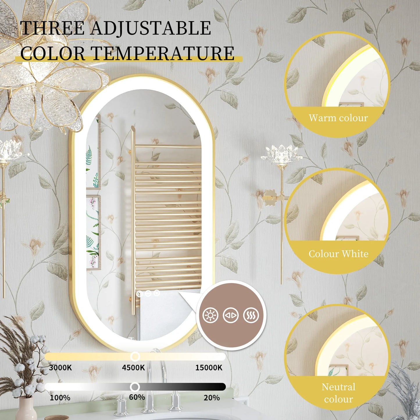 đĄ Oval LED Badrumsspegel 48" â Dimbart Ljussystem, Imfri & Minnesfunktion | VĂ€ggmonterad med Ram