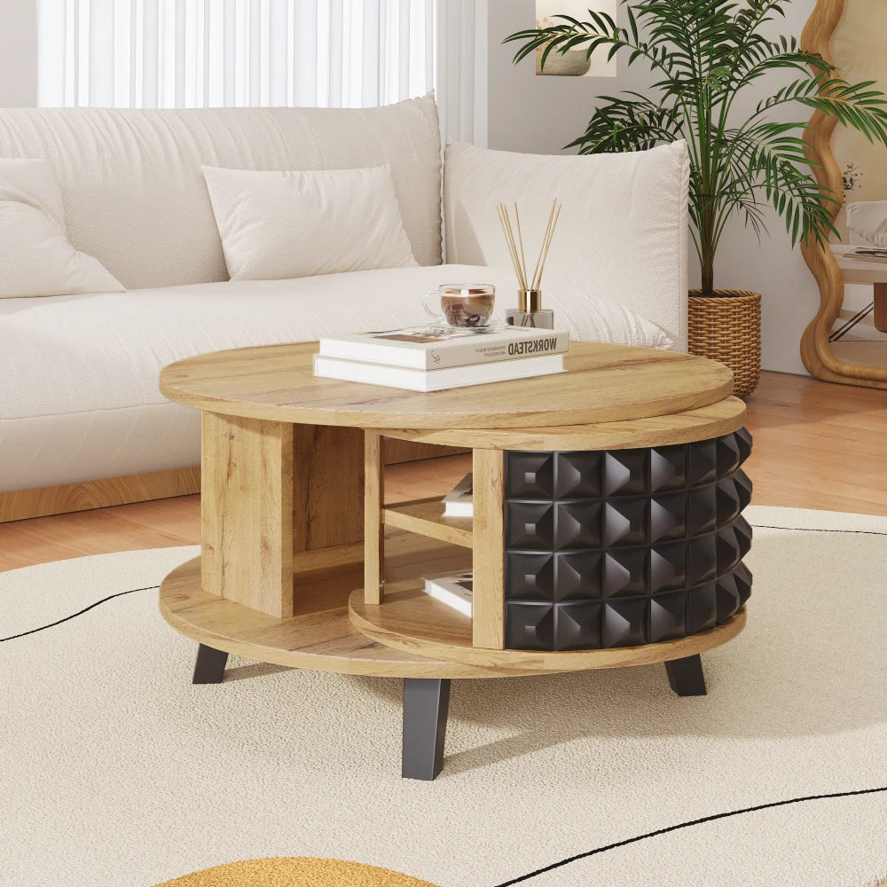 Roterbart Soffbord 2-i-1 – Med Dold Hylla – Modern Design i Trä & Svart – 85.2×80×45.2 cm