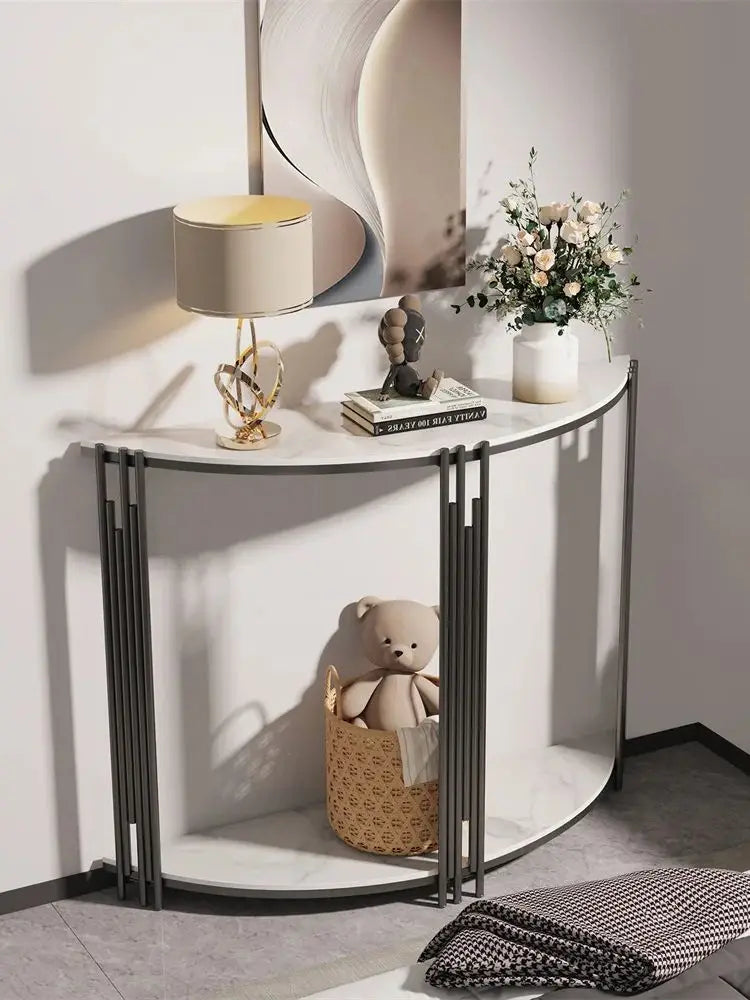 LUVODI Halvmåne Konsolbord – Sintersten & Metall – 100×78 cm – Vit & Svart