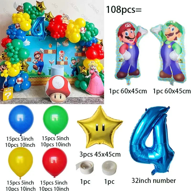 đ Ballongkit 108-pack â Super Bros Mario Tema â Röd, Gul, BlĂ„, Grön â För Barnkalas