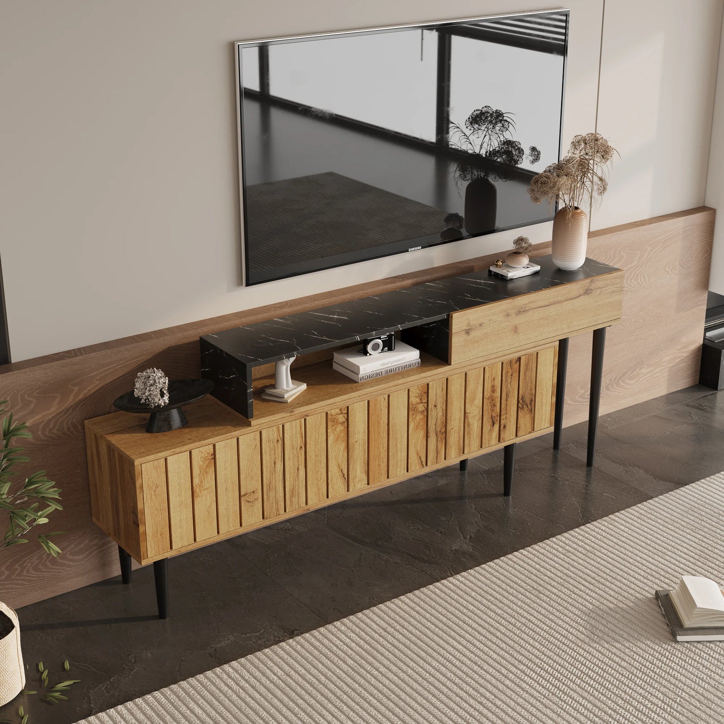 Modern TV-bänk – Marmordesign & Trästruktur med Järnben