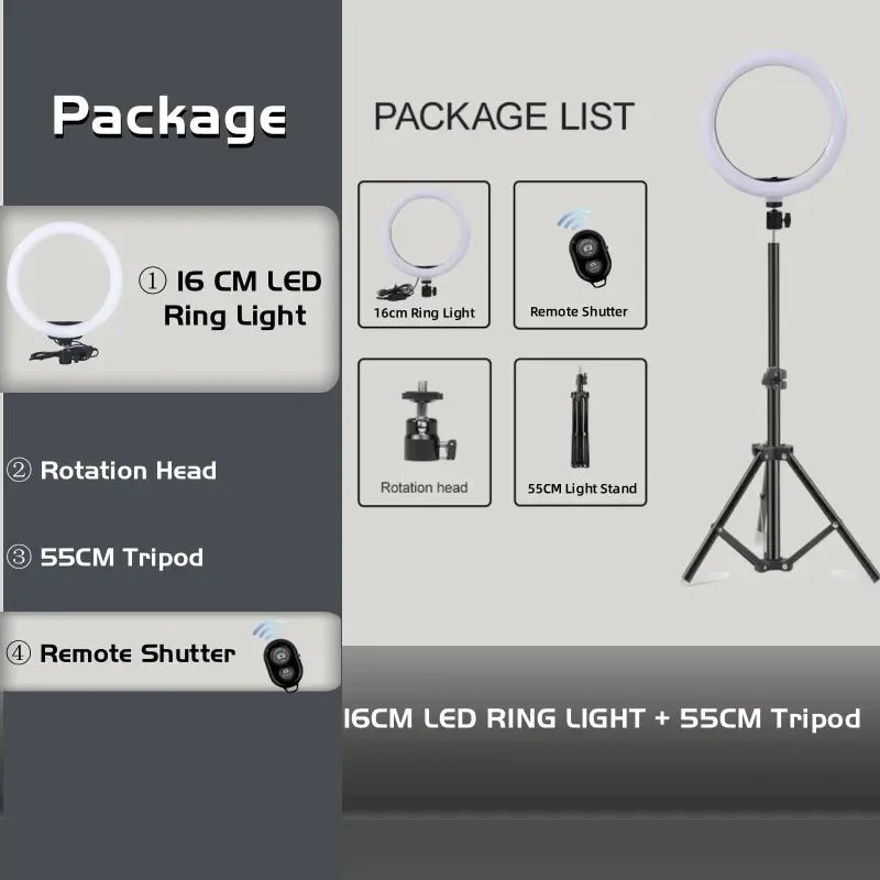 LED Ringljus med Stativ – 16/26/30 cm – USB – 10 Ljuslägen – För Makeup & Video