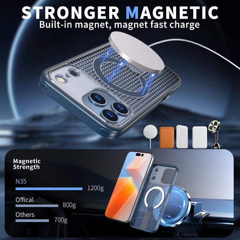 Magnetiskt Lyxskal med Stativ – För iPhone 17 Pro Max / Air – Magsafe-kompatibelt & Värmeavledande