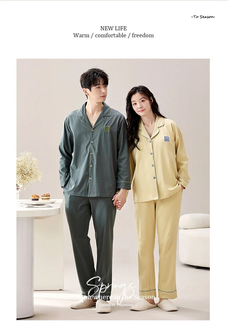 100% Bomull Parpyjamas – Höst/Vinter – Långärmad & Lös Passform – Koreansk Stil