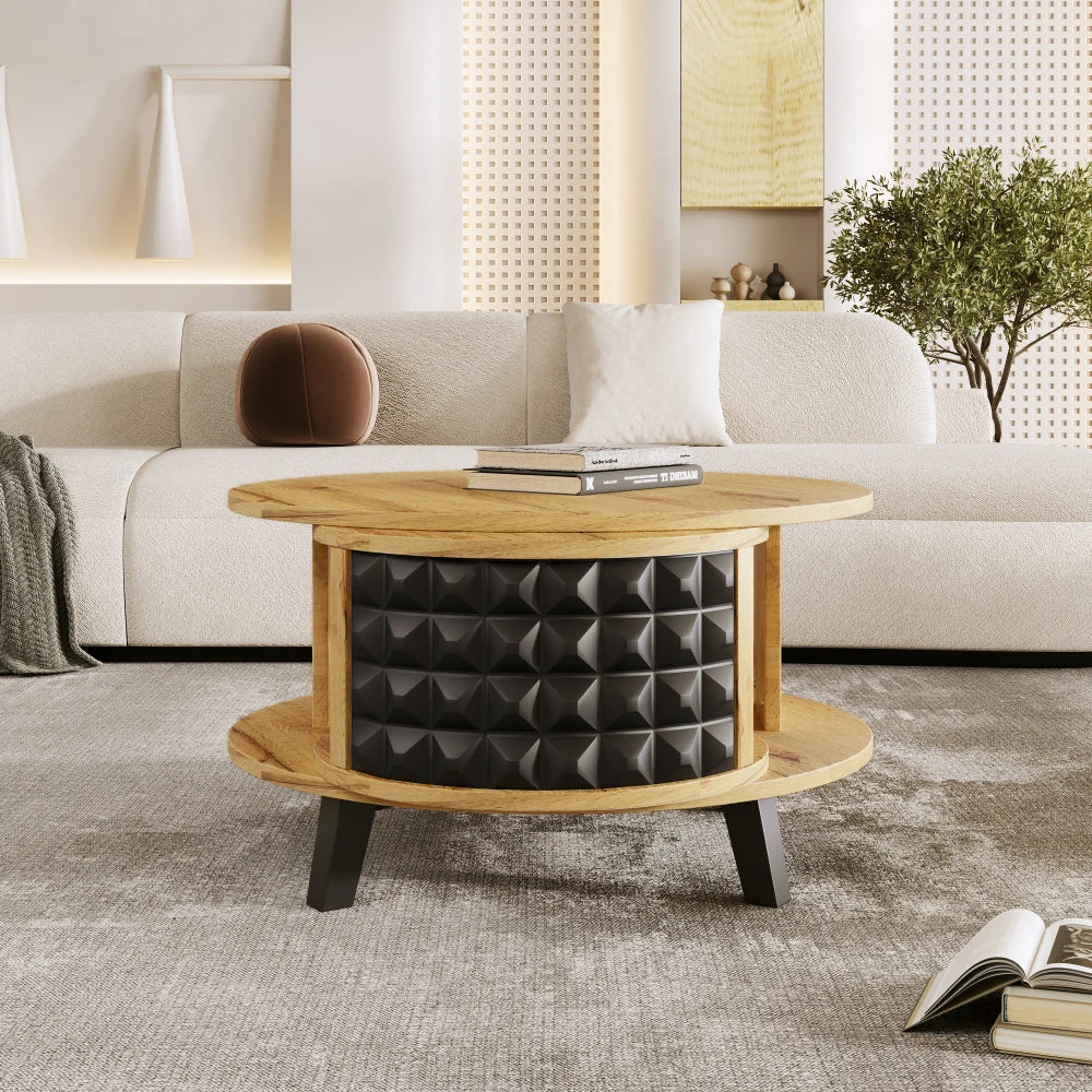Roterbart Soffbord 2-i-1 – Med Dold Hylla – Modern Design i Trä & Svart – 85.2×80×45.2 cm