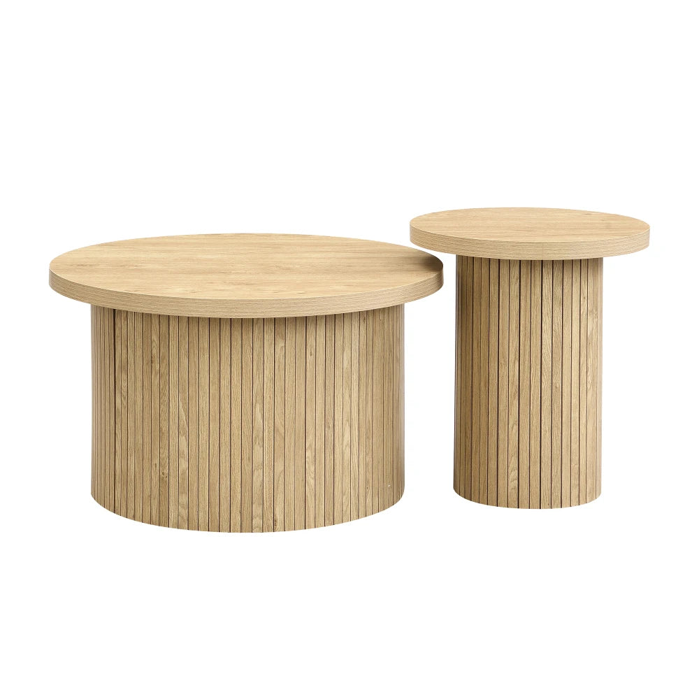 2-delat Runt Soffbordset – Naturlig Trälook – 66 & 40 cm – Modern & Rustik Design
