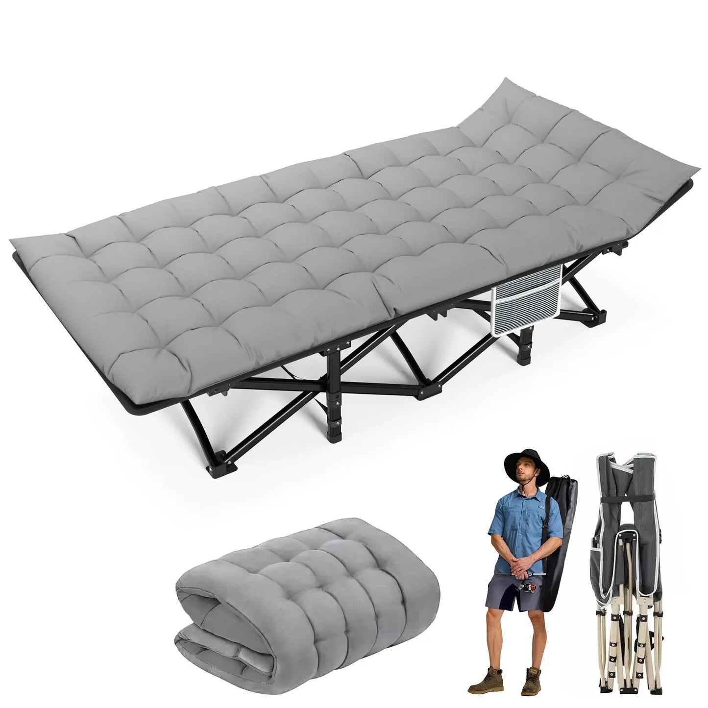 Modern Hopfällbar Campingsäng med Förvaring – 190x71x37 cm