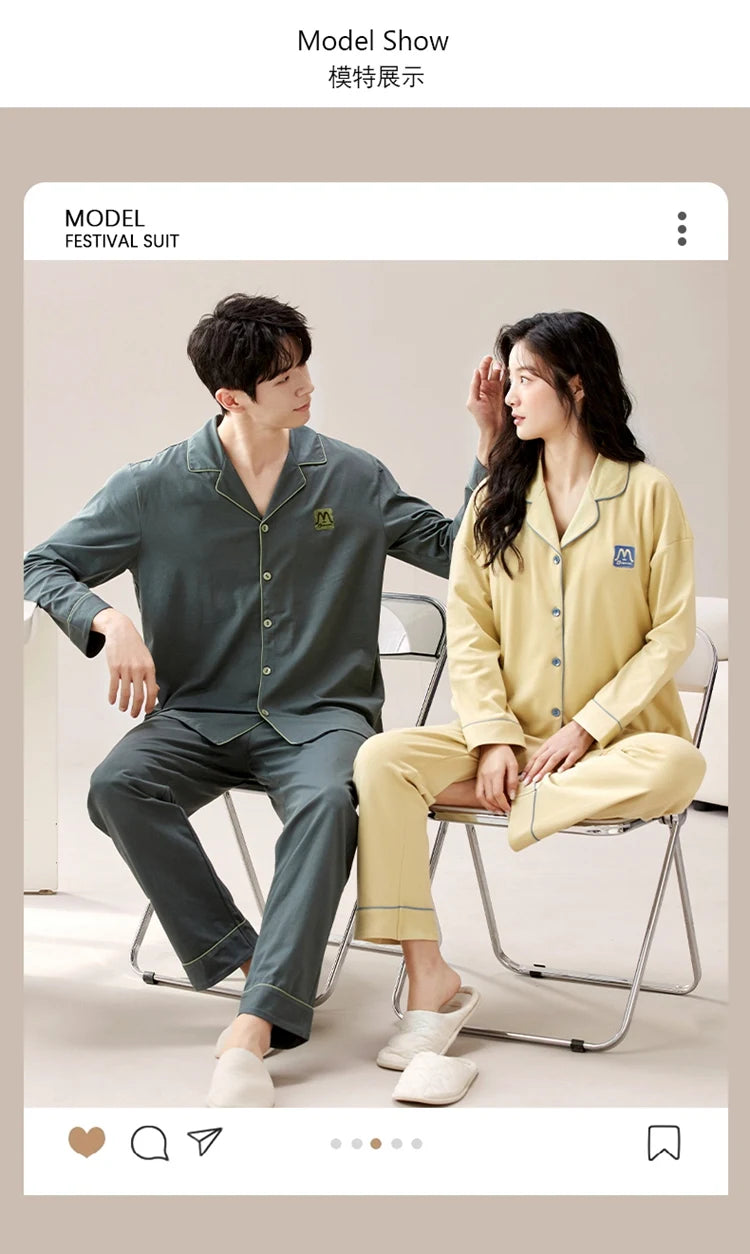 100% Bomull Parpyjamas – Höst/Vinter – Långärmad & Lös Passform – Koreansk Stil