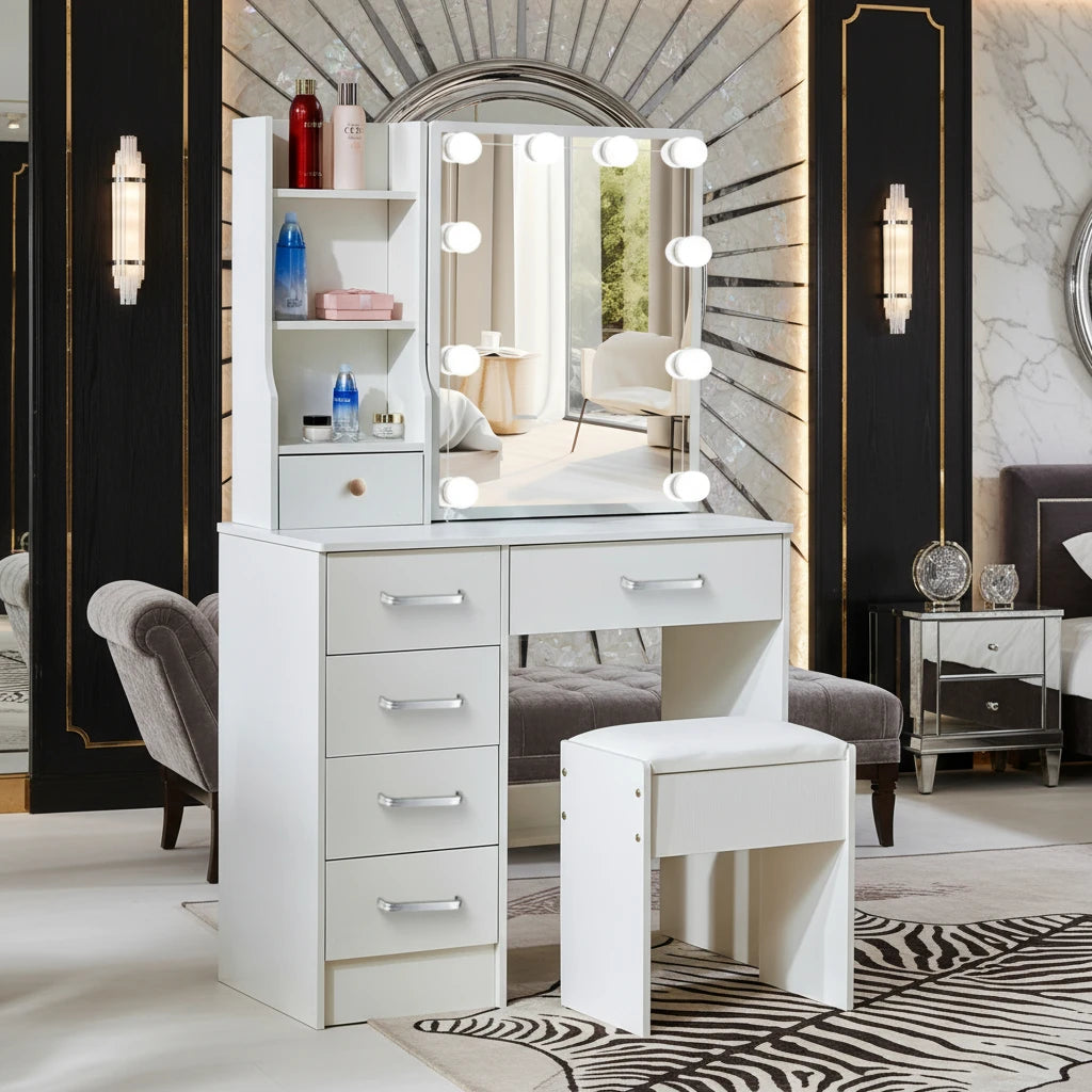 Sminkbord med LED-spegel & Vit Pall – Modern Stil för Sovrummet | 11.11 Kampanj
